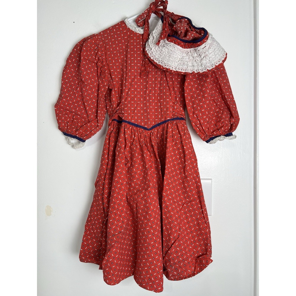 Vintage 80s Floral Red Girl Dress Lace Collar Matching Bonnet Cottage Prairie